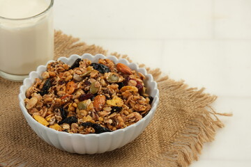 Bowl of Granola on White Background