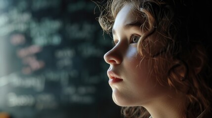 Poster - A woman with curly hair is looking at a chalkboard. This image can be used for educational purposes or to represent someone deep in thought