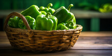Basket Of Green Capsicum On Dark Background, Fresh Green Pepper In A Wooden Box Organic Food Top View, Green Bell Peppers In Wicker Basket On White Background, Generative AI

