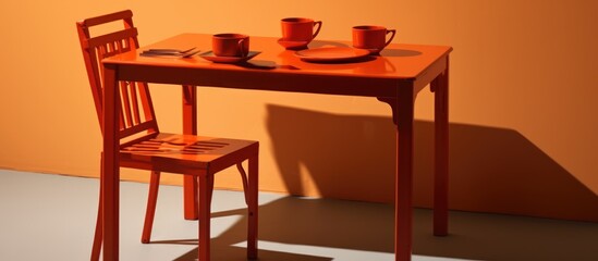 Wall Mural - Orange table casting elongated shadow with lunchbox and fork.