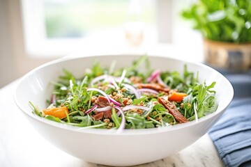 Poster - close-up of arugula and quinoa salad in white bowl