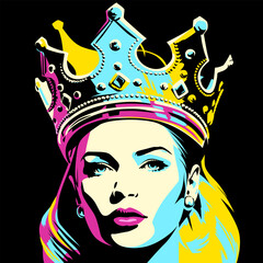 Wall Mural - Queen. Young attractive blonde woman wearing golden crown encrusted with precious stones, vector illustration in vintage pop art style