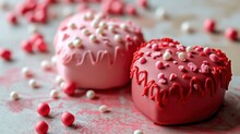 Two Small Red And Pink Colors Heart Shape Cakes With Simple Decoration