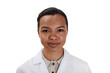 Portrait shot of friendly young Black woman wearing lab coat looking at camera isolated on white background