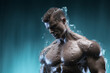 Athletic muscular male figure surrounded by splashes of water, concept of strength, freedom, energy, freshness.
