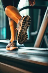 Poster - A close up shot of a person running on a treadmill. Can be used to depict fitness, exercise, or a healthy lifestyle