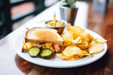 Canvas Print - grilled cheese lunch with chips and pickles on side