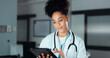 © Clement Coetzee/peopleimages.com - Tablet, healthcare doctor and woman typing online research, check medicine study and reading wellness information. Hospital service, medical cardiology and professional surgeon review clinic website