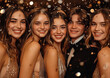 Group of happy students wearing beautiful dresses and tuxedos on college prom graduation party.Macro.AI Generative.