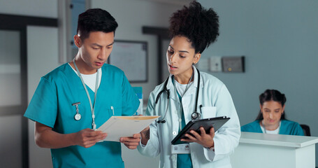 Poster - Teamwork, discussion and doctors on tablet and form in hospital for research, advice and consulting. Healthcare, documents and man and woman on digital tech for medical service, results and meeting