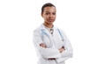 Medium shot of young African American female doctor with stethoscope standing hands crossed at white background and looking at camera