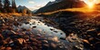 Beautiful sunset on calm river with stones and forest and mountains view.Landscape.AI generative.