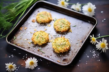 Poster - zucchini muffins on rustic metal baking sheet