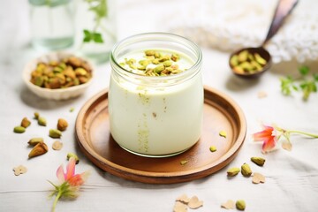 Wall Mural - homemade pistachio milk with mortar and pistachios