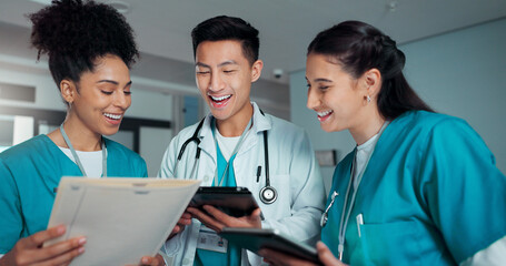 Poster - Teamwork, meeting and doctors on tablet in hospital for research, diagnosis advice and telehealth. Healthcare, documents and people talking on digital tech for medical service, results and consulting