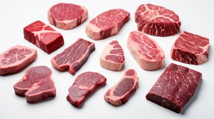 Wall Mural - Fresh raw sirloin Meat Slices arranged in a row on a white table background