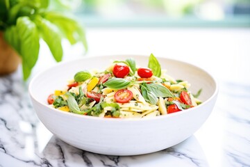 Poster - pasta salad in a white bowl, topped with cherry tomatoes and basil leaves