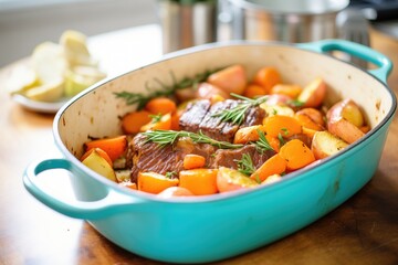  glazed pot roast in a roasting pan fresh out of the oven
