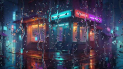 Wall Mural - The view of the street with neon lights seen through the raindrops hitting the window