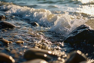 Aufkleber - A close-up view of a body of water with rocks. This image can be used to depict the tranquility of nature or as a background for various design projects