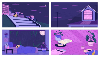 Poster - Cozy night life 2D cartoon backgrounds set. Sleeping dog beagle colorful aesthetic vector illustrations collection, nobody. Outdoor resting evening flat line wallpapers art, lofi images pack