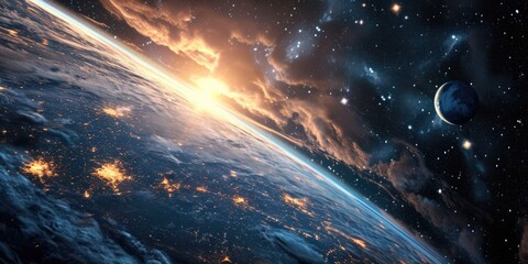 Poster - A stunning image showcasing the view of the Earth from space at night. Perfect for illustrating the beauty of our planet and the vastness of the universe.