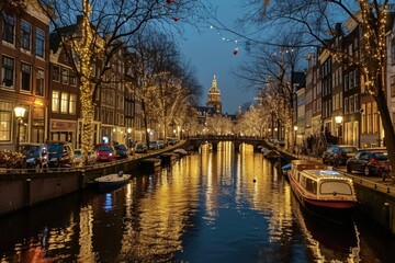 Poster - A picturesque canal flowing through the city with a majestic clock tower in the background. This image can be used to depict urban beauty and architectural landmarks