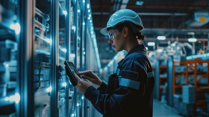 Poster - A woman wearing a hard hat is seen looking at her cell phone. This image can be used to illustrate modern technology in the construction industry