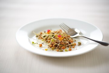 Wall Mural - fresh sprouted seeds on a white plate with fork