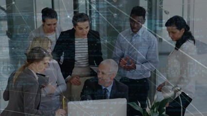 Poster - Animation of data processing and connections over diverse colleagues having meeting in office