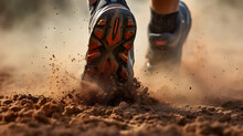 Closeup Of Sport Shoe Of Racer Running On Trail With Dust