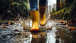Feet in rubber boots rain puddle, enjoying in the rain