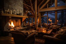Guests Relaxing By A Ski Lodge Fireplace - Enjoying The Warmth And Comfort Of The Seating Area After A Cold Day On The Slopes - Epitomizing Mountain Lodge Luxury And Après-ski Relaxation.