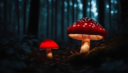 Wall Mural - Red neon mushrooms glowing in a dark forest. Red mushrooms with twinkling lights on them. Bioluminescent mushrooms -beauty of nature