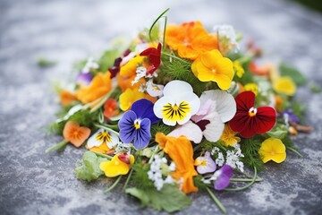 Wall Mural - edible flowers garnished on a bed of mixed greens