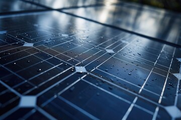 Poster - A detailed view of a solar panel covered in water droplets. This image can be used to showcase the efficiency of solar energy and the impact of weather conditions on solar panels