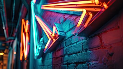 Poster - Neon sign on brick wall background