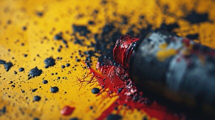 Aufkleber - A close-up view of a paintbrush resting on a vibrant yellow surface. This image can be used to represent creativity, artistry, or the process of painting. It is ideal for design projects
