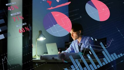 Poster - Animation of data processing over caucasian businessman using laptop in office