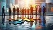 © ND STOCK - Business scene: five puzzle pieces. Each puzzle piece represents a key solution for business growth: communication, innovation, efficiency, teamwork, and data analysis. business strategy concept