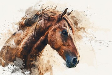 Poster - A beautiful painting of a brown horse with long hair. Perfect for equestrian enthusiasts or those looking to add a touch of nature to their space
