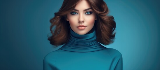 Poster - Trendy blue turtleneck sweater on fashionable woman in studio portrait.