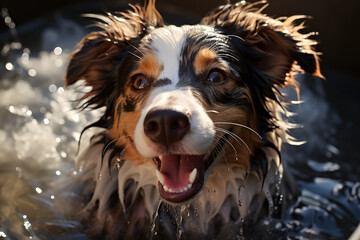 Wall Mural - A brown and white dog is in the water.