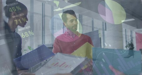 Poster - Animation of financial data processing and people walking over diverse colleagues having meeting