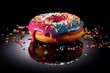 A delicious donut covered in colorful sprinkles, placed on a shiny black surface with a reflection underneath. Generative AI