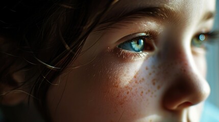 Aufkleber - A close-up of a child's face with freckles. Suitable for use in advertisements, magazines, and websites