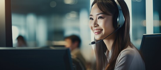 Poster - Asian female telephone operator assisting customer via computer in office.