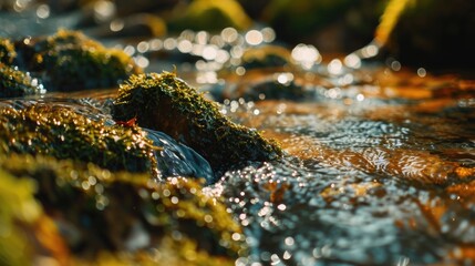 Poster - A close-up view of a stream of water with moss growing on the rocks. This image captures the serene beauty of nature and can be used to depict tranquility and natural landscapes