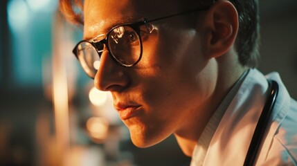 Poster - A close-up view of a person wearing glasses. Suitable for various professional and everyday life concepts