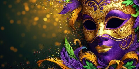 Wall Mural - A close up of a purple and gold mask. Mardi Gras background with purple, green and golden colors.